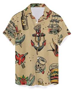 QIVICIMA Herren Retro Bowling Shirts 50er Rockabilly Style Button Down Shirts Cuban Style Camp Shirt, B5 Retro, Mittel von QIVICIMA