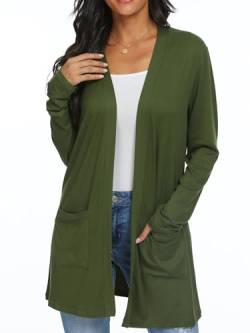 QIXING Casual Leichte Strickjacke Damen Lang Elegant Dünne Strickjacke Lange Ärmel mit Taschen Open Front Cardigan Damen Herbst (Armeegrün, M) von QIXING