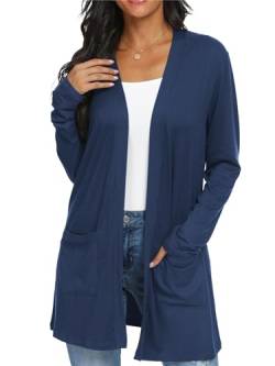 QIXING Casual Leichte Strickjacke Damen Lang Elegant Dünne Strickjacke Lange Ärmel mit Taschen Open Front Cardigan Damen Herbst (Marineblau, L) von QIXING