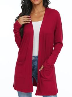 QIXING Casual Leichte Strickjacke Damen Lang Elegant Dünne Strickjacke Lange Ärmel mit Taschen Open Front Cardigan Damen Herbst (Rot, S) von QIXING