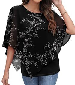 QIXING Chiffon Bluse Damen Elegant Sommer Kurzarm Tunika Rundhalsausschnitt Casual Batwing Sleeve Flowy T Shirts (FP White Leaf Schwarz, L) von QIXING