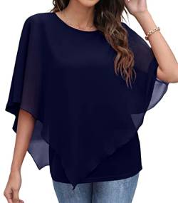 QIXING Chiffon Bluse Damen Elegant Sommer Kurzarm Tunika Rundhalsausschnitt Casual Batwing Sleeve Flowy T Shirts (Marineblau, L) von QIXING