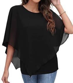 QIXING Chiffon Bluse Damen Elegant Sommer Kurzarm Tunika Rundhalsausschnitt Casual Batwing Sleeve Flowy T Shirts (Schwarz, L) von QIXING