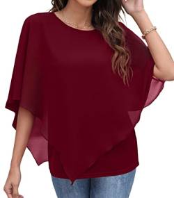 QIXING Chiffon Bluse Damen Elegant Sommer Kurzarm Tunika Rundhalsausschnitt Casual Batwing Sleeve Flowy T Shirts (Weinrot, L) von QIXING