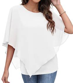 QIXING Chiffon Bluse Damen Elegant Sommer Kurzarm Tunika Rundhalsausschnitt Casual Batwing Sleeve Flowy T Shirts (Weiß, L) von QIXING