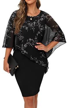 QIXING Damen Chiffon Cape Cocktialkleid Rundhals Ausschnitt Bleistiftkleid Sommerkleid Damen Knielang Elegant Abendkleid Mit Overlay Casual Bodycon Kleider (Blumen Schwarz-Weiß, L) von QIXING