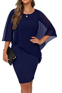 QIXING Damen Chiffon Cape Cocktialkleid Rundhals Ausschnitt Bleistiftkleid Sommerkleid Damen Knielang Elegant Abendkleid Mit Overlay Casual Bodycon Kleider (Marineblau, M) von QIXING