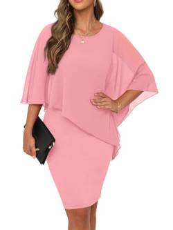 QIXING Damen Chiffon Cape Cocktialkleid Rundhals Ausschnitt Bleistiftkleid Sommerkleid Damen Knielang Elegant Abendkleid Mit Overlay Casual Bodycon Kleider (Rosa, L) von QIXING