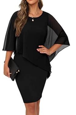 QIXING Damen Chiffon Cape Cocktialkleid Rundhals Ausschnitt Bleistiftkleid Sommerkleid Damen Knielang Elegant Abendkleid Mit Overlay Casual Bodycon Kleider (Schwarz, L) von QIXING