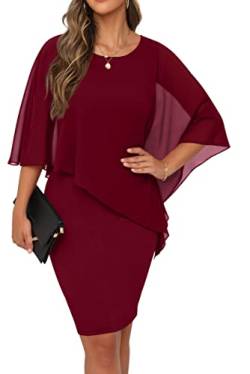 QIXING Damen Chiffon Cape Cocktialkleid Rundhals Ausschnitt Bleistiftkleid Sommerkleid Damen Knielang Elegant Abendkleid Mit Overlay Casual Bodycon Kleider (Weinrot, L) von QIXING