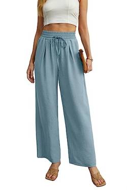 QIXING Weite Hosen Damen High Waist Palazzo Hose Gerade mit Taschen Yoga Stoffhose Damen Elegant Sommer Damenhose mit Gummizug (Blau Grau, L) von QIXING