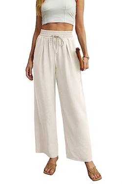 QIXING Weite Hosen Damen High Waist Palazzo Hose Gerade mit Taschen Yoga Stoffhose Damen Elegant Sommer Damenhose mit Gummizug (Elfenbein, XL) von QIXING