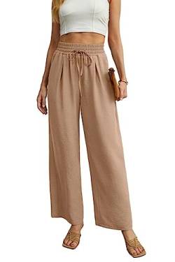 QIXING Weite Hosen Damen High Waist Palazzo Hose Gerade mit Taschen Yoga Stoffhose Damen Elegant Sommer Damenhose mit Gummizug (Khaki, L) von QIXING