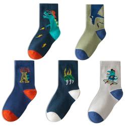 QIYIENDIAN 5 Paar kuschelig warme Crew Socken Cute Cartoon/Solid Farben für 1-10 Jahre Kleinkind Kinder Jungen Mädchen （5-7 Jahre，1A-Coole Dinosaurier） von QIYIENDIAN