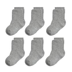 QIYIENDIAN 6 Paar rutschfeste, kuschelige, warme Rundsocken mit Griffen für Babys, Kleinkinder, Kinder, Jungen, Mädchen（1-3 Jahre，2-E Grau） von QIYIENDIAN