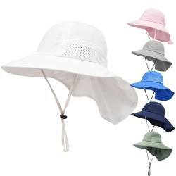 QIYIENDIAN Baby Kleinkind Sonnenhut UPF 50+ Einstellbare Sonnenschutz Eimer Hüte Kappe für Kinder Jungen Mädchen(White,2-6Y) von QIYIENDIAN
