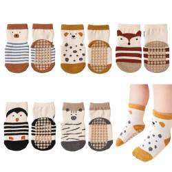 QIYIENDIAN Cute Cartoon Crew Socken mit Griffen, 5 Paar Baumwolle Anti-Rutsch-Slipper Socken geeignet für Säugling Baby kleine Mädchen/Jungen (3-5Jahre,Penguin) von QIYIENDIAN