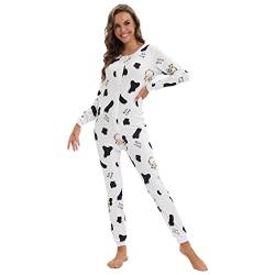 QIYUANT Damen Jumpsuit Onesie Pyjama Sanft Schlafanzug Einteiler Strampler Lang Button-Down Overall Langarm Frühling Herbst Winter Weihnachten Nachtwäsche Homewear (Kühe, L) von QIYUANT