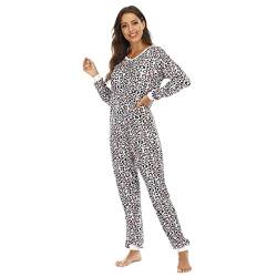 QIYUANT Damen Jumpsuit Onesie Pyjama Sanft Schlafanzug Einteiler Strampler Lang Button-Down Overall Langarm Frühling Herbst Winter Weihnachten Nachtwäsche Homewear (Leopardenmuster, XXL) von QIYUANT