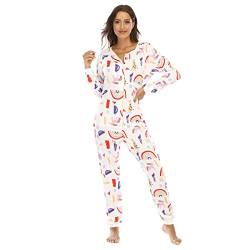 QIYUANT Damen Jumpsuit Onesie Pyjama Sanft Schlafanzug Einteiler Strampler Lang Button-Down Overall Langarm Frühling Herbst Winter Weihnachten Nachtwäsche Homewear (Regenbogen, M) von QIYUANT