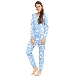 QIYUANT Damen Jumpsuit Onesie Pyjama Sanft Schlafanzug Einteiler Strampler Lang Button-Down Overall Langarm Frühling Herbst Winter Weihnachten Nachtwäsche Homewear (Wolke, M) von QIYUANT