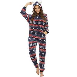 QIYUANT Damen Jumpsuit Onesie Weihnachten Flanell Fleece Overall Pyjama Langarm Hoodies Schlafanzug Einteiler Winter Thermo Homewear Strampelanzug Schlafoverall Nachtwäsche Königsblau L von QIYUANT