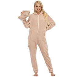 QIYUANT Damen Jumpsuit Onesie mit Füßen Korallen Fleece Overall Pyjama Langarm Hoodies Schlafanzug Einteiler Winter Thermo Strampelanzug Homewear Schlafoverall Nachtwäsche Beige XL von QIYUANT