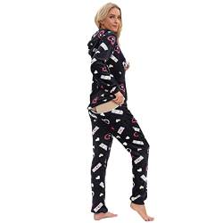 QIYUANT Damen Jumpsuit Pyjama mit Kapuze zu öffnende Hüften Warmer Plüsch Sanft Fleece Schlafanzug Einteiler Overall Herbst Winter Halloween Weihnachten Nachtwäsche Schlafanzug (Schwarzes Herz, L) von QIYUANT