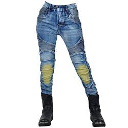 QIYUANT Damen Motorradhose Kevlar Motorrad Reiten Schutzhose Denim Jeans Stretch Reißfester Casual Vintage Jeanshose mit Abnehmbar Rüstung Knie-Hüftpolster (Blau, M) von QIYUANT