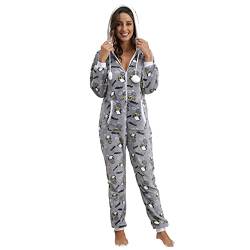 QIYUANT Damen Pyjama Jumpsuit Reißverschluss Flanell Overall Einteiler Frühling Winter Herbst Gemütlich Thermo Nachtwäsche Homewear Onesie Strampelanzug Schlafanzug Hellgrauer Pinguin-Fallschirm S von QIYUANT