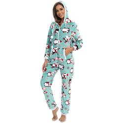 QIYUANT Damen Pyjama Jumpsuit Reißverschluss Flanell Overall Erwachsene Einteiler Frühling Winter Herbst Gemütlich Thermo Nachtwäsche Homewear Onesie Strampelanzug Schlafanzug Grüner Pinguin XXL von QIYUANT