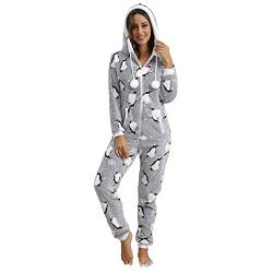 QIYUANT Damen Pyjama Jumpsuit Reißverschluss Flanell Overall Erwachsene Einteiler Frühling Winter Herbst Gemütlich Thermo Nachtwäsche Homewear Onesie Strampelanzug Schlafanzug Hellgrauer Pinguin S von QIYUANT