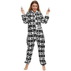 QIYUANT Damen Pyjama Jumpsuit Reißverschluss Flanell Overall Erwachsene Einteiler Frühling Winter Herbst Gemütlich Thermo Strampelanzug Nachtwäsche Homewear Onesie Schlafanzug Schwarz/Hirsch XL von QIYUANT