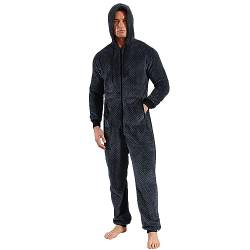 QIYUANT Herren Jumpsuit Onesie Fleece Gittermuster Overall Pyjama Langarm Hoodies Schlafanzug Einteiler Winter Thermo Strampelanzug Homewear Schlafoverall Nachtwäsche Blau L von QIYUANT