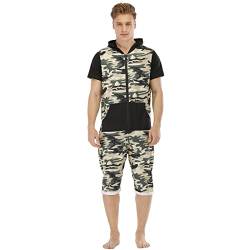 QIYUANT Herren Kurz Jumpsuit Onesie Sommer Overall Pyjama Hoodie Jogginganzug Männer T-Shirt Kurze Hose Schlafanzug Einteiler Sommerjumpsuit Schlafoverall Nachtwäsche (Camo, Schwarz, L) von QIYUANT