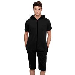 QIYUANT Herren Kurz Jumpsuit Onesie Sommer Overall Pyjama Hoodie Jogginganzug Männer T-Shirt Kurze Hose Schlafanzug Einteiler Sommerjumpsuit Schlafoverall Nachtwäsche (Schwarz, L) von QIYUANT