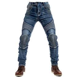 QIYUANT Herren Motorradhose Kevlar Motorrad Jeans Reiten Schutzhose Denim Reißfester Stretch Vintage Jeanshose mit Abnehmbar Rüstung Knie-Hüftpolster (Blau, XL) von QIYUANT