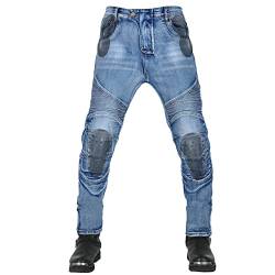 QIYUANT Herren Motorradhose Kevlar Motorrad Reiten Schutzhose Denim Jeans Stretch Reißfester Vintage Jeanshose mit Abnehmbar Verbesserter Rüstung Knie-Hüftpolster (Blau, L) von QIYUANT