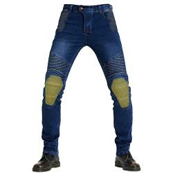 QIYUANT Motorradhose Herren Motorrad Jeans Reiten Schutzhose Denim Reißfester Stretch Vintage Jeanshose mit Abnehmbar Rüstung Knie-Hüftpolster (Blau, 5XL) von QIYUANT