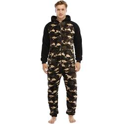 QIYUANT Pyjamas Onesie Herren Flauschig Kuschelig Fleece Einteiler Schlafanzug Reißverschluss Herbst Frühling Winter Warm Jumpsuit Hausanzug mit Taschen (Camouflage Grün XXL) von QIYUANT