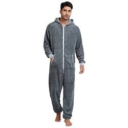 QIYUANT Pyjamas Onesie Herren Flauschig Kuschelig Fleece Einteiler Schlafanzug Reißverschluss Herbst Frühling Winter Warm Jumpsuit Hausanzug mit Taschen (Grau M) von QIYUANT