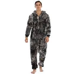 QIYUANT Pyjamas Onesie Herren Flauschig Kuschelig Fleece Einteiler Schlafanzug Reißverschluss Herbst Frühling Winter Warm Jumpsuit Hausanzug mit Taschen (Schwarz Grau XXL) von QIYUANT