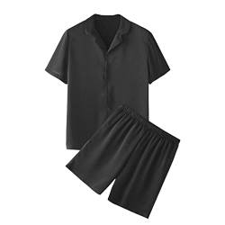 QIYUANT Satin Schlafanzug Herren Kurz Pyjama Set mit Shorts Zweiteiliger Kurzarm Shirt Kurze Hose Sommer Zuhause Nachtwäsche (Schwarz, M) von QIYUANT
