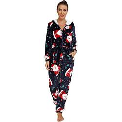 QIYUANT Weihnachten Damen Jumpsuit Onesie Flanell Fleece Overall Pyjama Langarm Hoodies Schlafanzug Einteiler Winter Thermo Homewear Strampelanzug Schlafoverall Nachtwäsche Dunkelblau L von QIYUANT