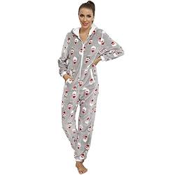 QIYUANT Weihnachten Damen Jumpsuit Onesie Flanell Fleece Overall Pyjama Langarm Hoodies Schlafanzug Einteiler Winter Thermo Homewear Strampelanzug Schlafoverall Nachtwäsche Grau M von QIYUANT