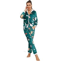 QIYUANT Weihnachten Damen Jumpsuit Onesie Flanell Fleece Overall Pyjama Langarm Hoodies Schlafanzug Einteiler Winter Thermo Homewear Strampelanzug Schlafoverall Nachtwäsche Grün M von QIYUANT