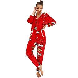 QIYUANT Weihnachten Damen Jumpsuit Onesie Flanell Fleece Overall Pyjama Langarm Hoodies Schlafanzug Einteiler Winter Thermo Homewear Strampelanzug Schlafoverall Nachtwäsche Rot L von QIYUANT