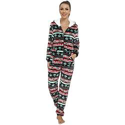 QIYUANT Weihnachten Damen Jumpsuit Onesie Flanell Fleece Overall Pyjama Langarm Hoodies Schlafanzug Einteiler Winter Thermo Homewear Strampelanzug Schlafoverall Nachtwäsche Schwarz XL von QIYUANT