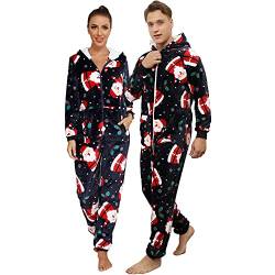 QIYUANT Weihnachts Pyjamas Onesie Flanell Fleece Paar Passende Einteiler Schlafanzug Reißverschluss Herbst Frühling Winter Warm Jumpsuit Hausanzug mit Taschen (Damen Blau Santa L) von QIYUANT