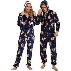 QIYUANT Weihnachts Pyjamas Onesie Flanell Fleece Paar Passende Einteiler Schlafanzug Reißverschluss Herbst Frühling Winter Warm Jumpsuit Hausanzug mit Taschen (Damen Blaue Zuckerstange S) von QIYUANT